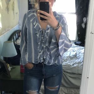 blue and white striped bell sleeve shirt